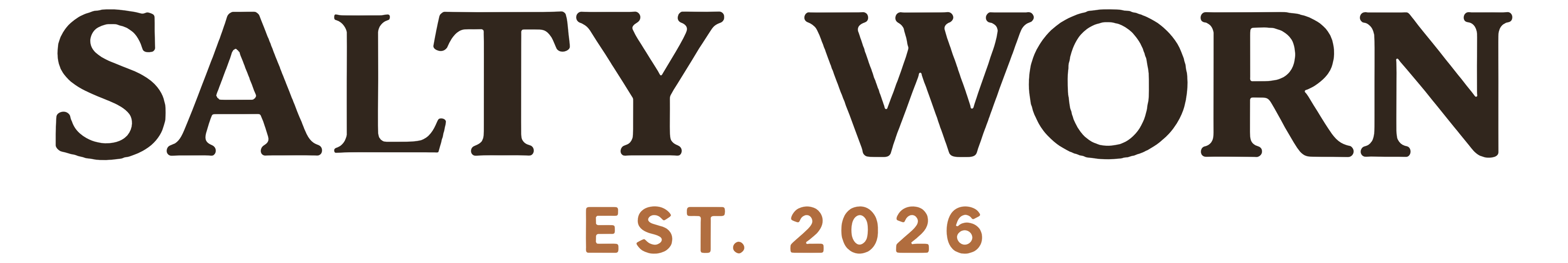 Salty Worn logo with the words 'SALTY WORN' in large dark brown serif letters and 'EST. 2026' in smaller orange text below, on a white background.
